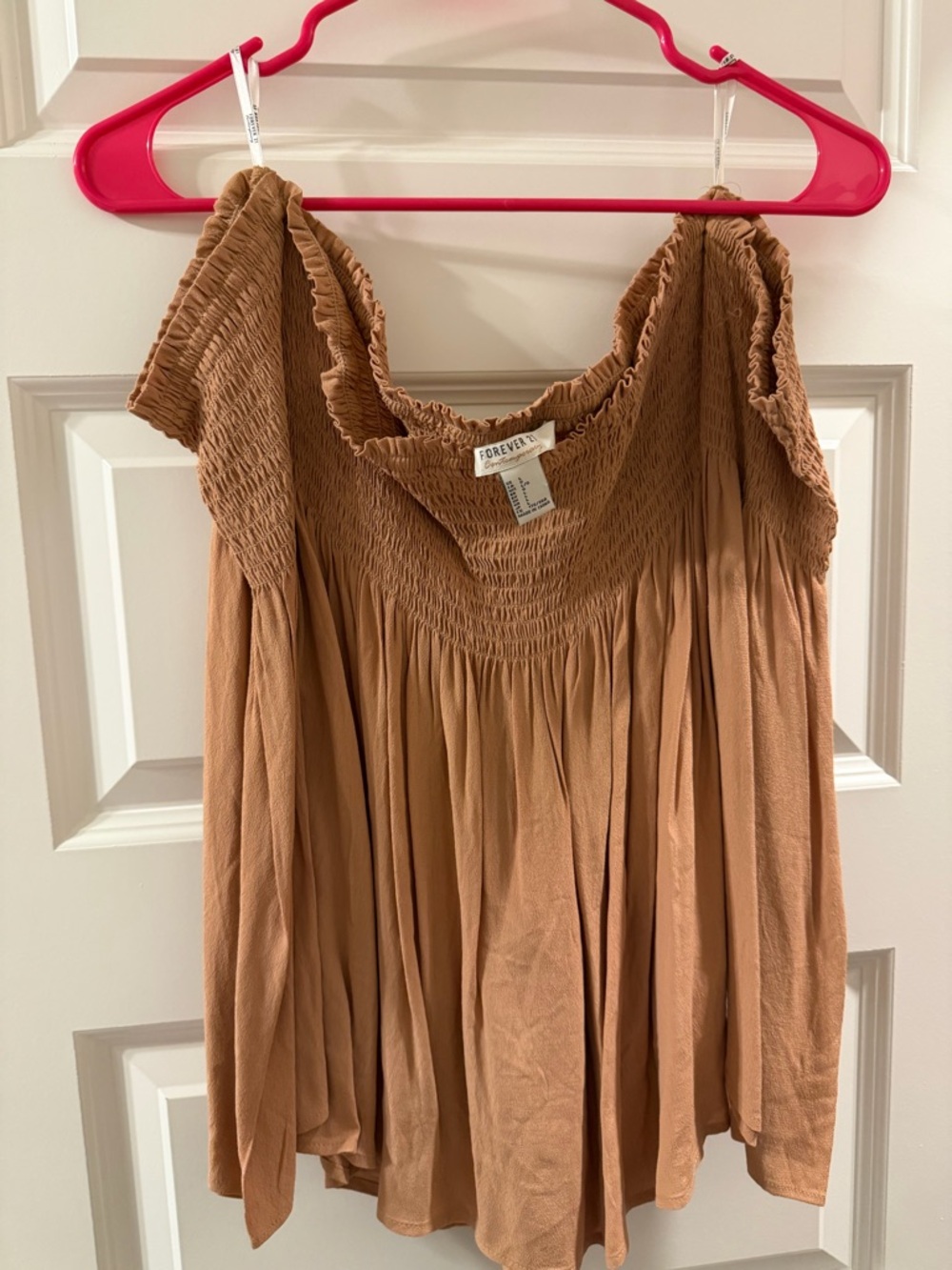 Forever 21 Tan Smocked Off-Shoulder Peasant Top